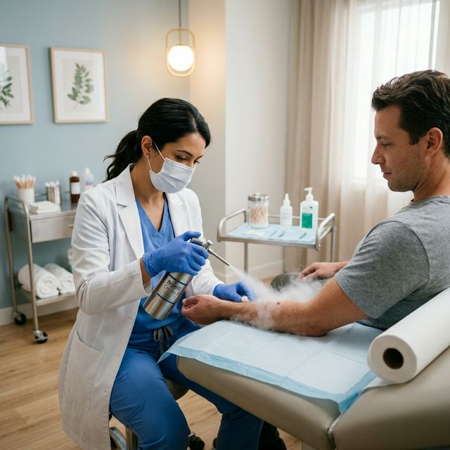 Doctor performing cryotherapy treatment on a patient's skin lesion