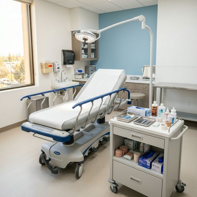 Modern procedure room with medical equipment and examination table